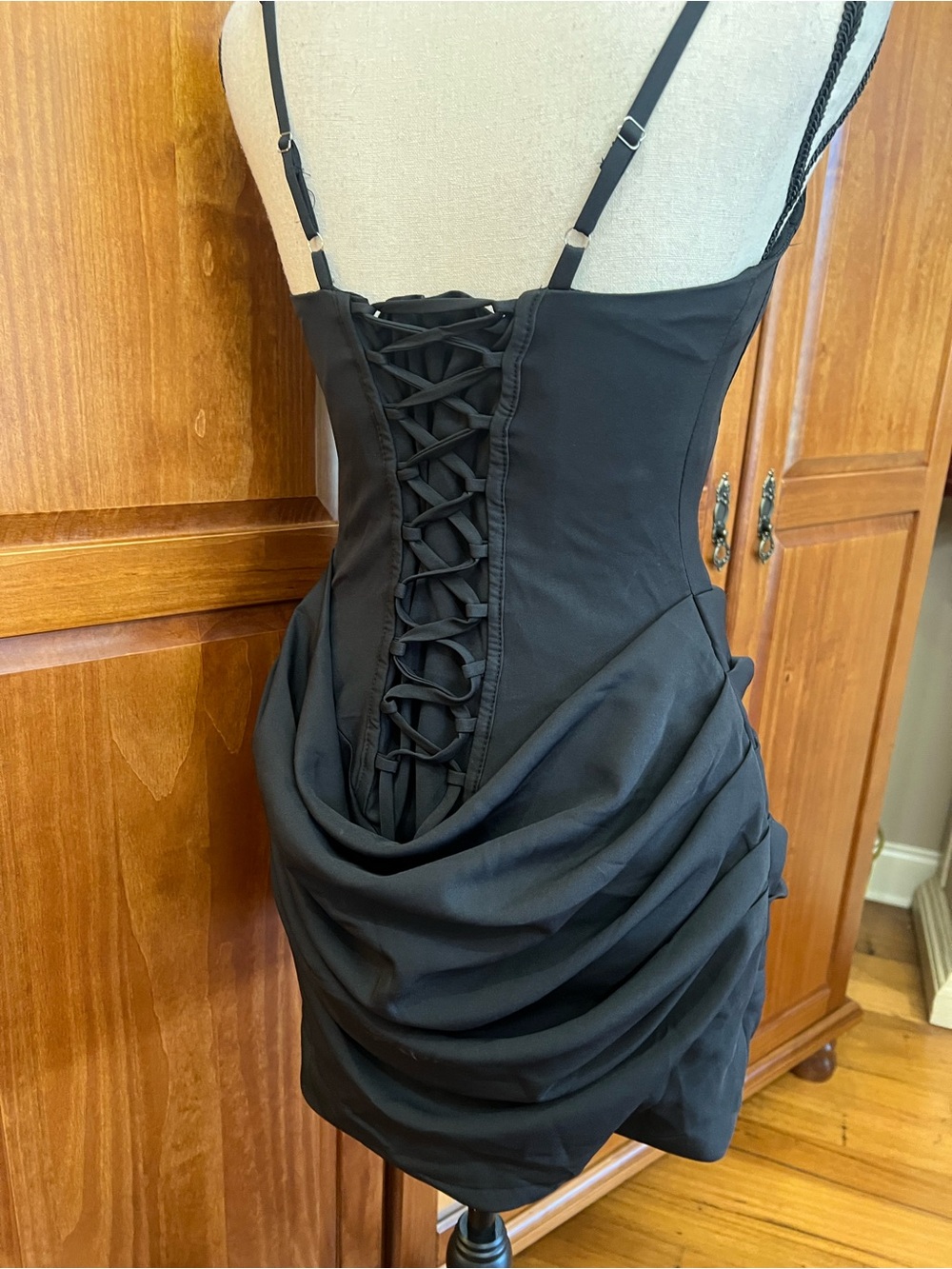 Square Neck Black Satin-Trim Mini Dress - Picture 8 of 10
